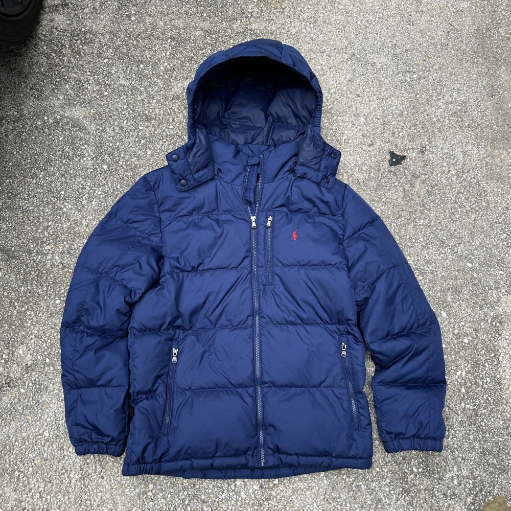 Polo Ralph Lauren Navy Blue Down Puffer Jacket Detachable Hood Mens Small